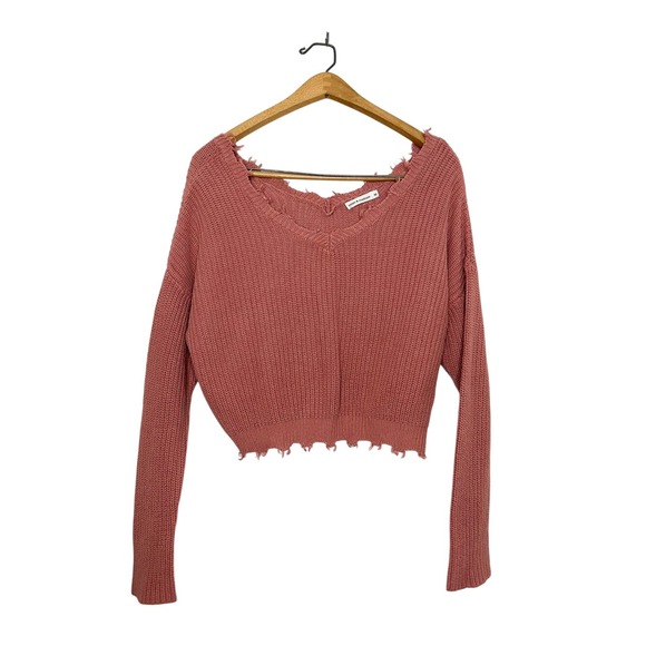 moon & madison Sweaters - Moon & Madison Distressed Raw Edge Cropped V Neck Knit Sweater Salmon Pink M
